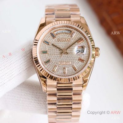 Swiss Replica Rolex Daydate 36 Rose Gold Diamond-Paved Dial with Baguette rainbow Markers CSF 2836